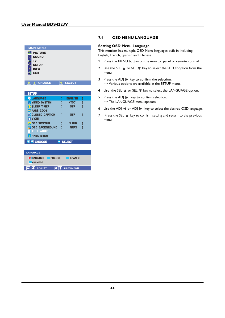 4 osd menu language, Osd menu language | Philips BDS4223V-27 User Manual | Page 46 / 58
