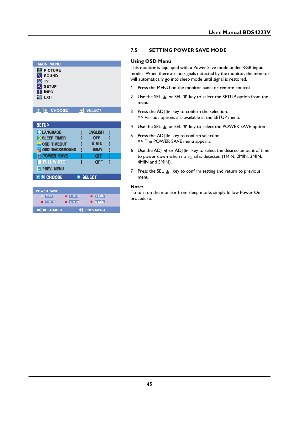5 setting power save mode, Setting power save mode | Philips BDS4223V-27 User Manual | Page 47 / 58