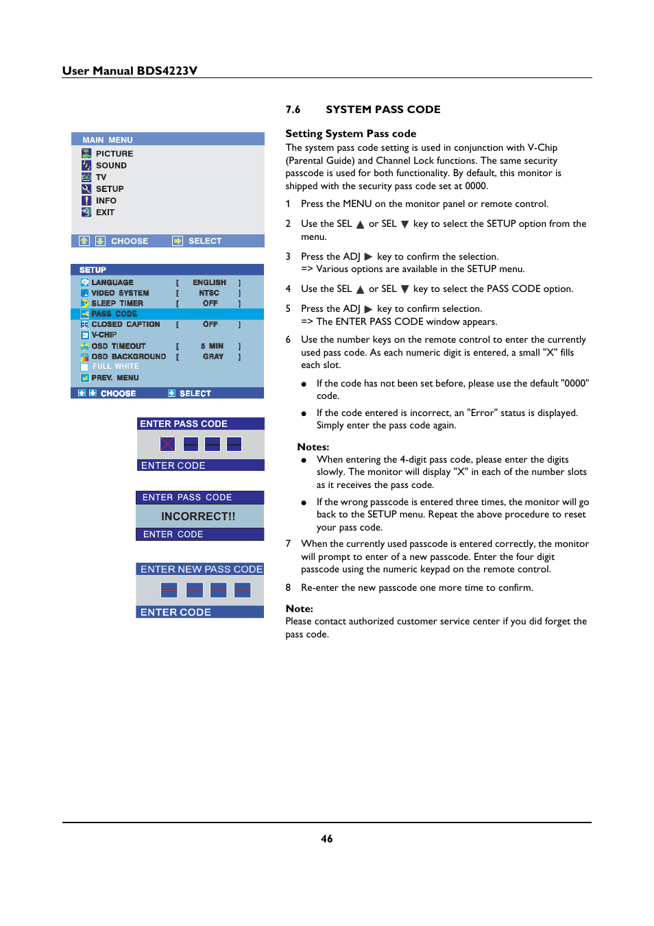 6 system pass code, System pass code | Philips BDS4223V-27 User Manual | Page 48 / 58