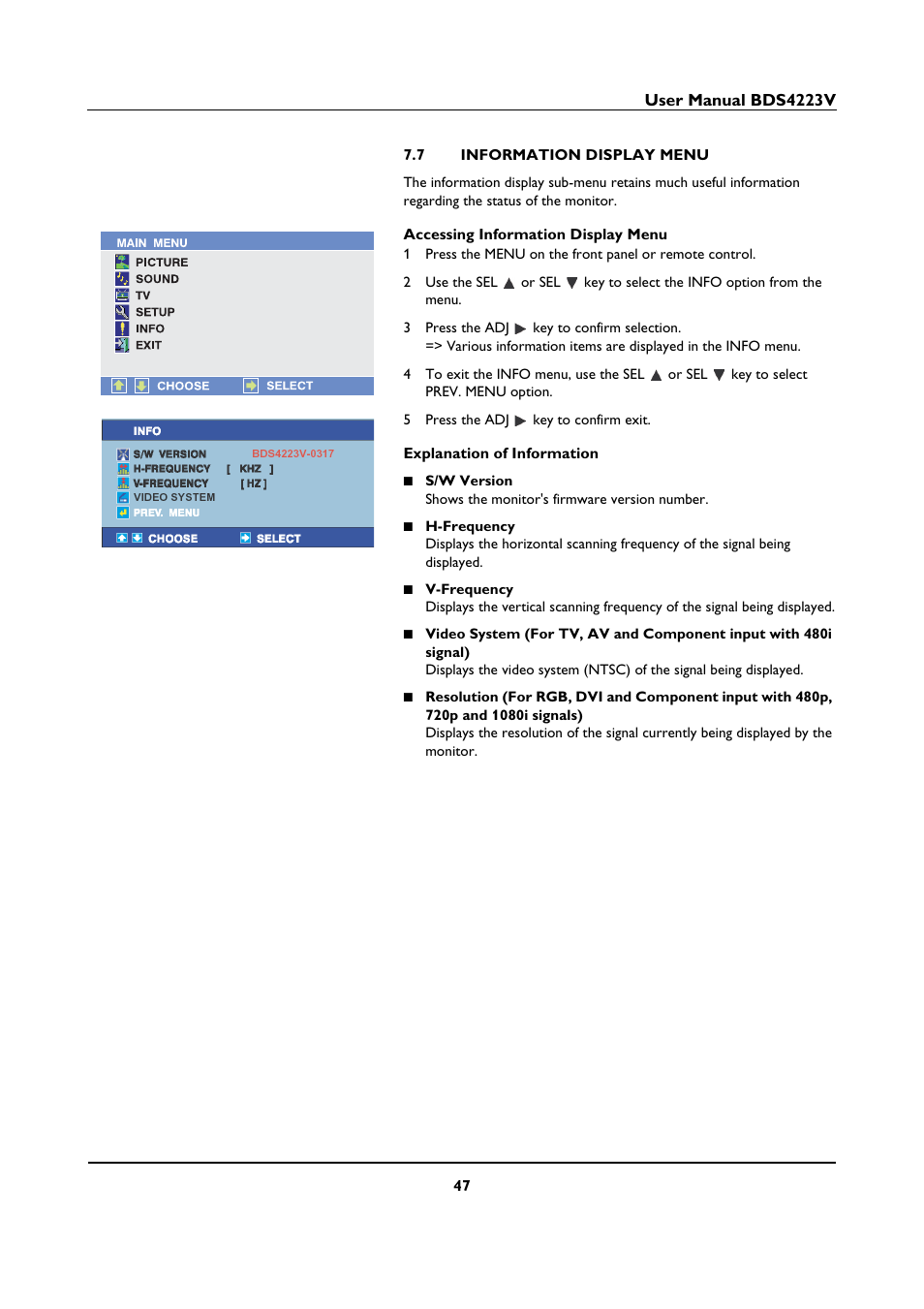 7 information display menu, Information display menu | Philips BDS4223V-27 User Manual | Page 49 / 58