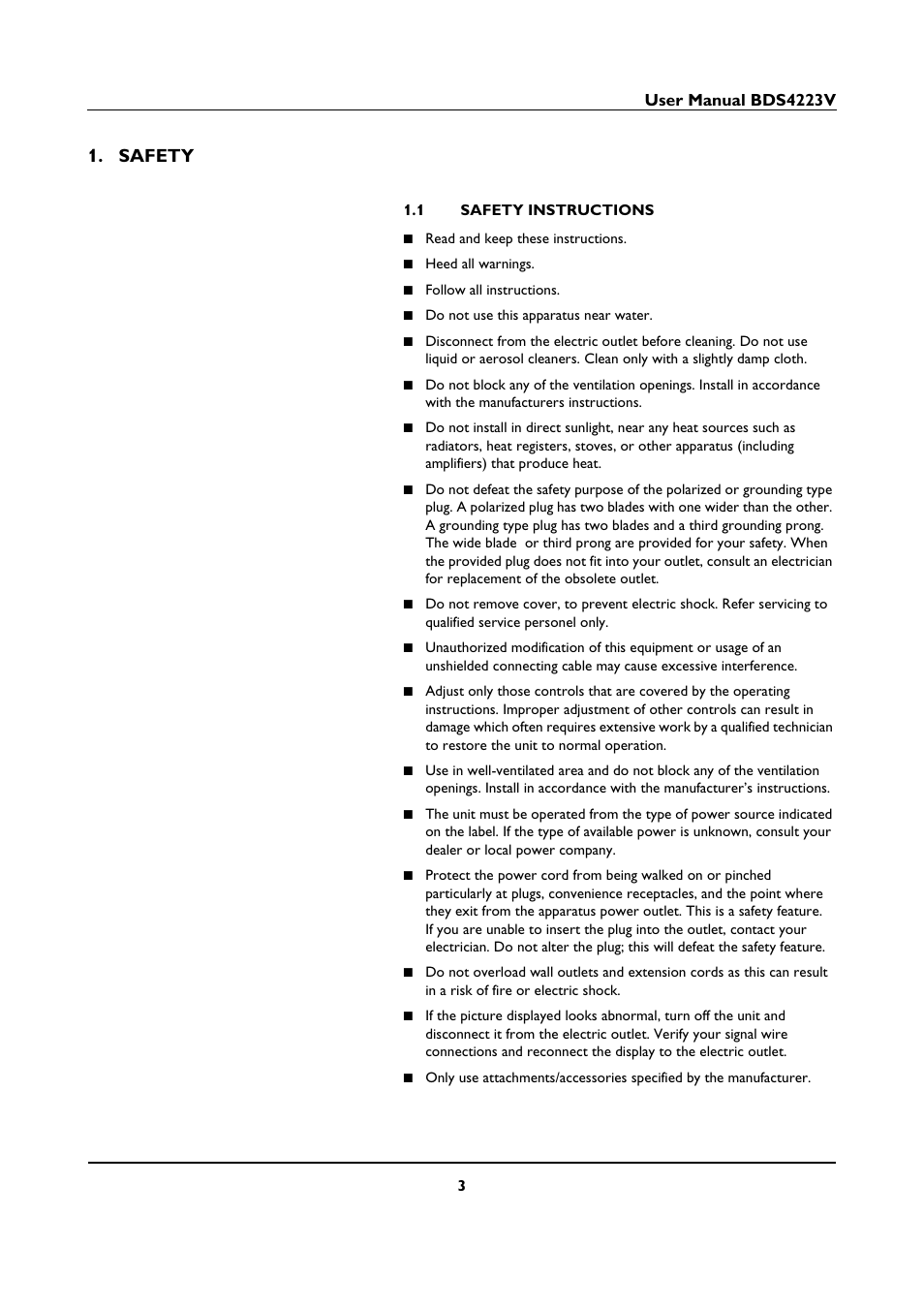 Safety, 1 safety instructions, Safety 1.1 | Safety instructions | Philips BDS4223V-27 User Manual | Page 5 / 58