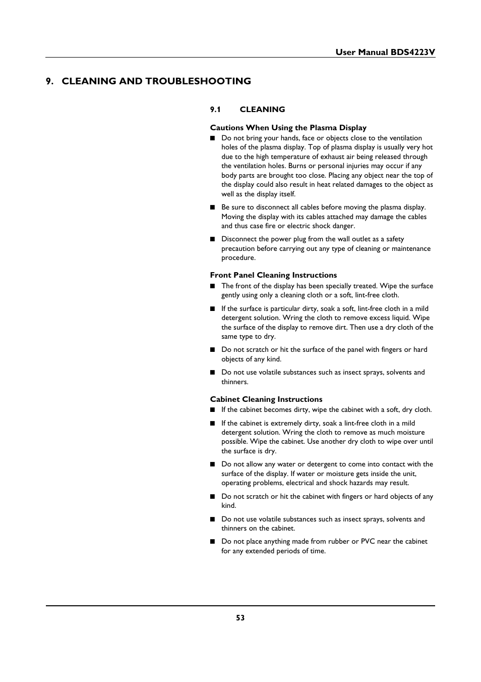 Cleaning and troubleshooting, 1 cleaning, Cleaning and troubleshooting 9.1 | Cleaning | Philips BDS4223V-27 User Manual | Page 55 / 58