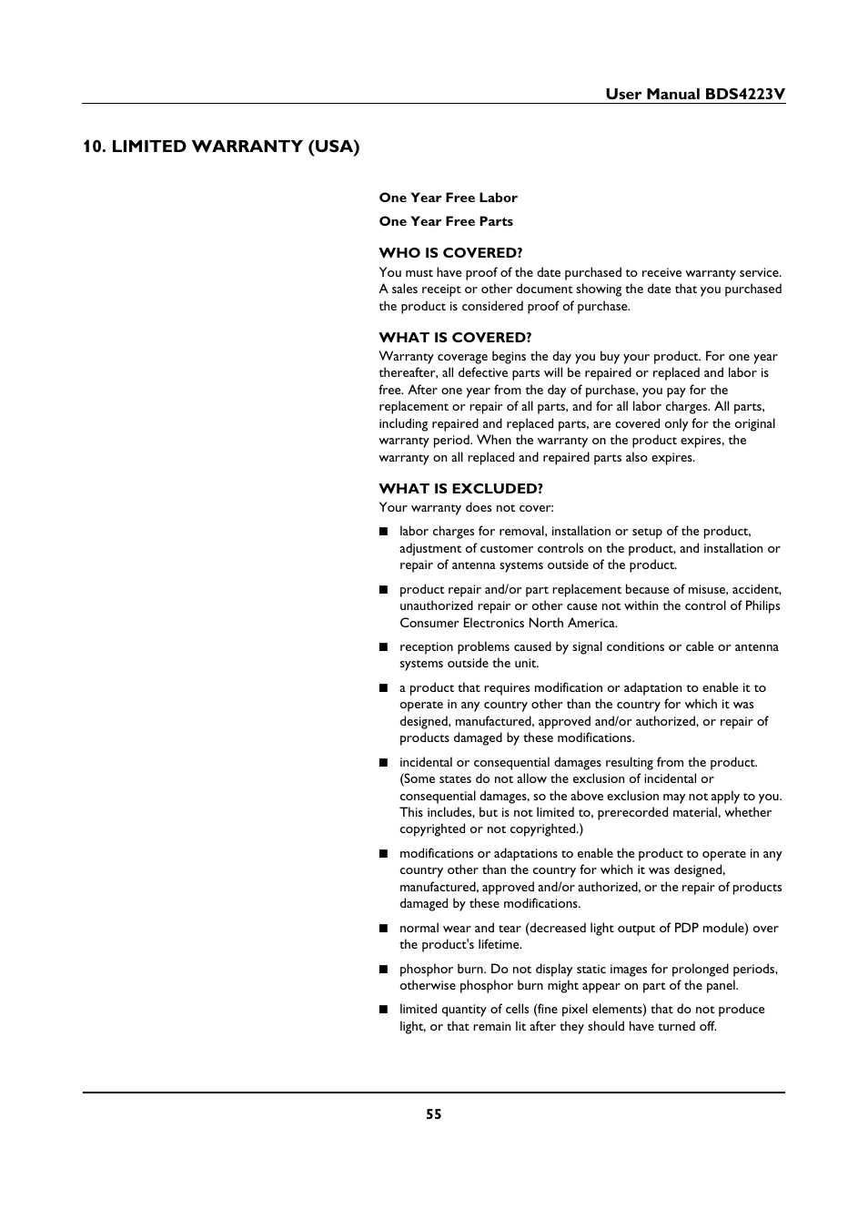 Limited warranty (usa) | Philips BDS4223V-27 User Manual | Page 57 / 58