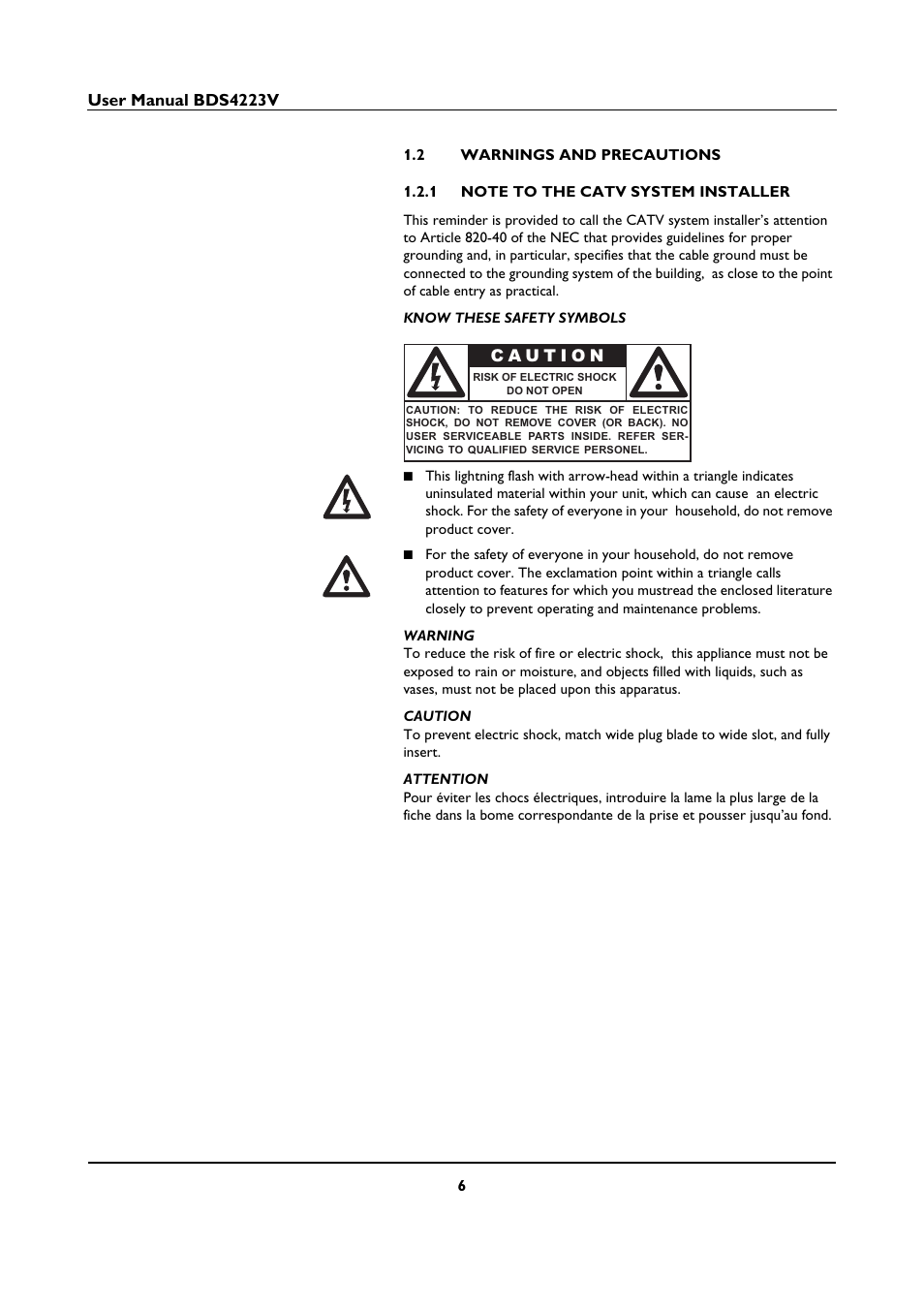 2 warnings and precautions, 1 note to the catv system installer, Warnings and precautions 1.2.1 | Note to the catv system installer | Philips BDS4223V-27 User Manual | Page 8 / 58