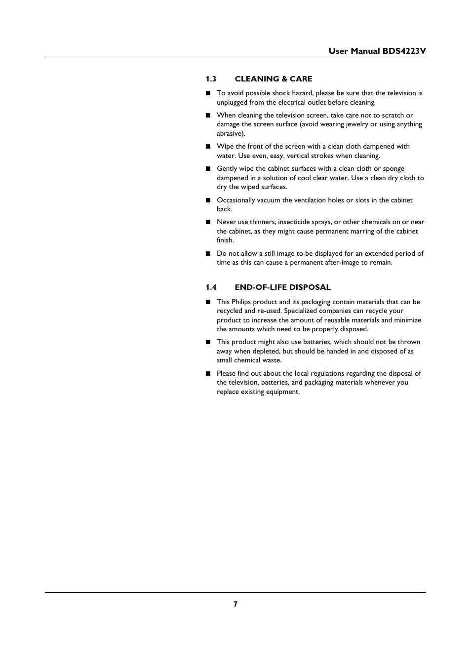 3 cleaning & care, 4 end-of-life disposal, Cleaning & care | End-of-life disposal | Philips BDS4223V-27 User Manual | Page 9 / 58