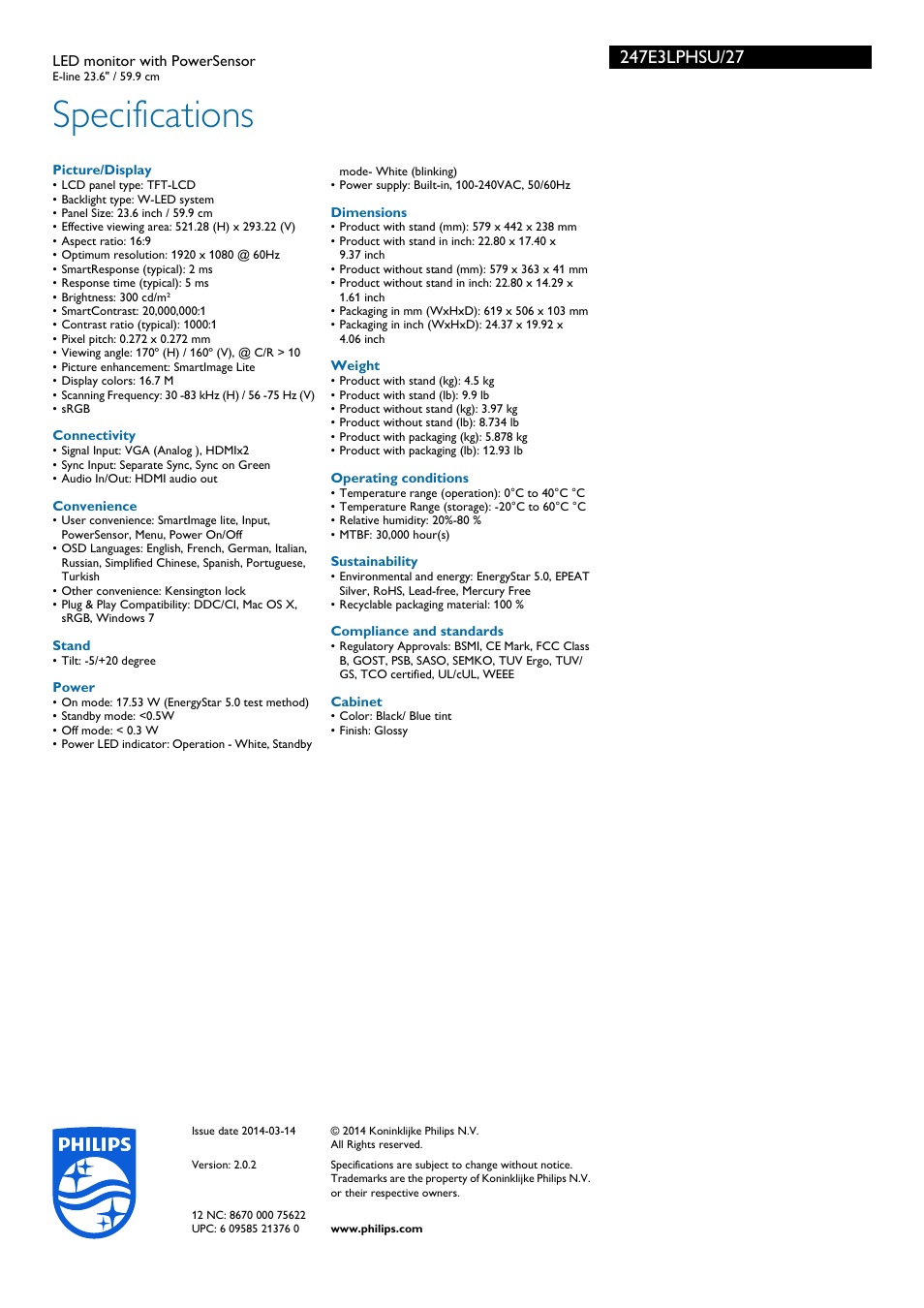 Specifications | Philips 247E3LPHSU-27 User Manual | Page 3 / 3