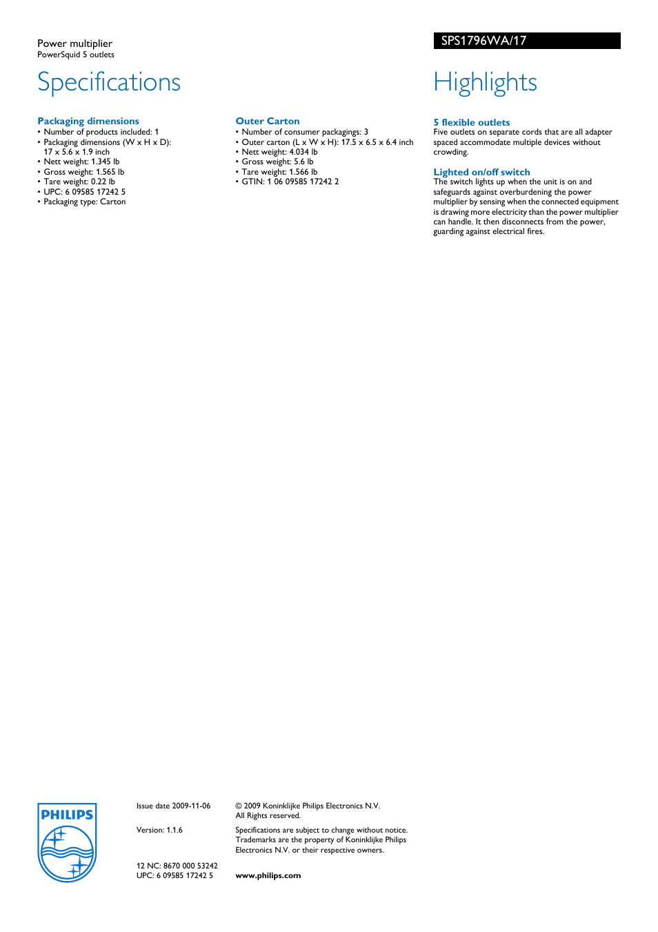 Specifications, Highlights | Philips SPS1796WA-17 User Manual | Page 2 / 2