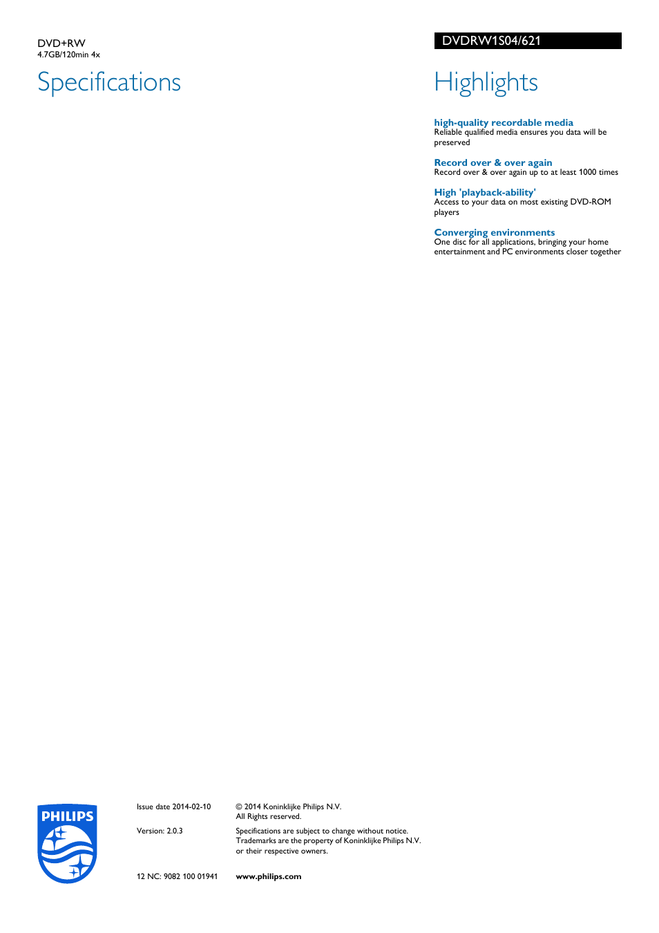 Specifications, Highlights | Philips DVDRW1S04-621 User Manual | Page 2 / 2