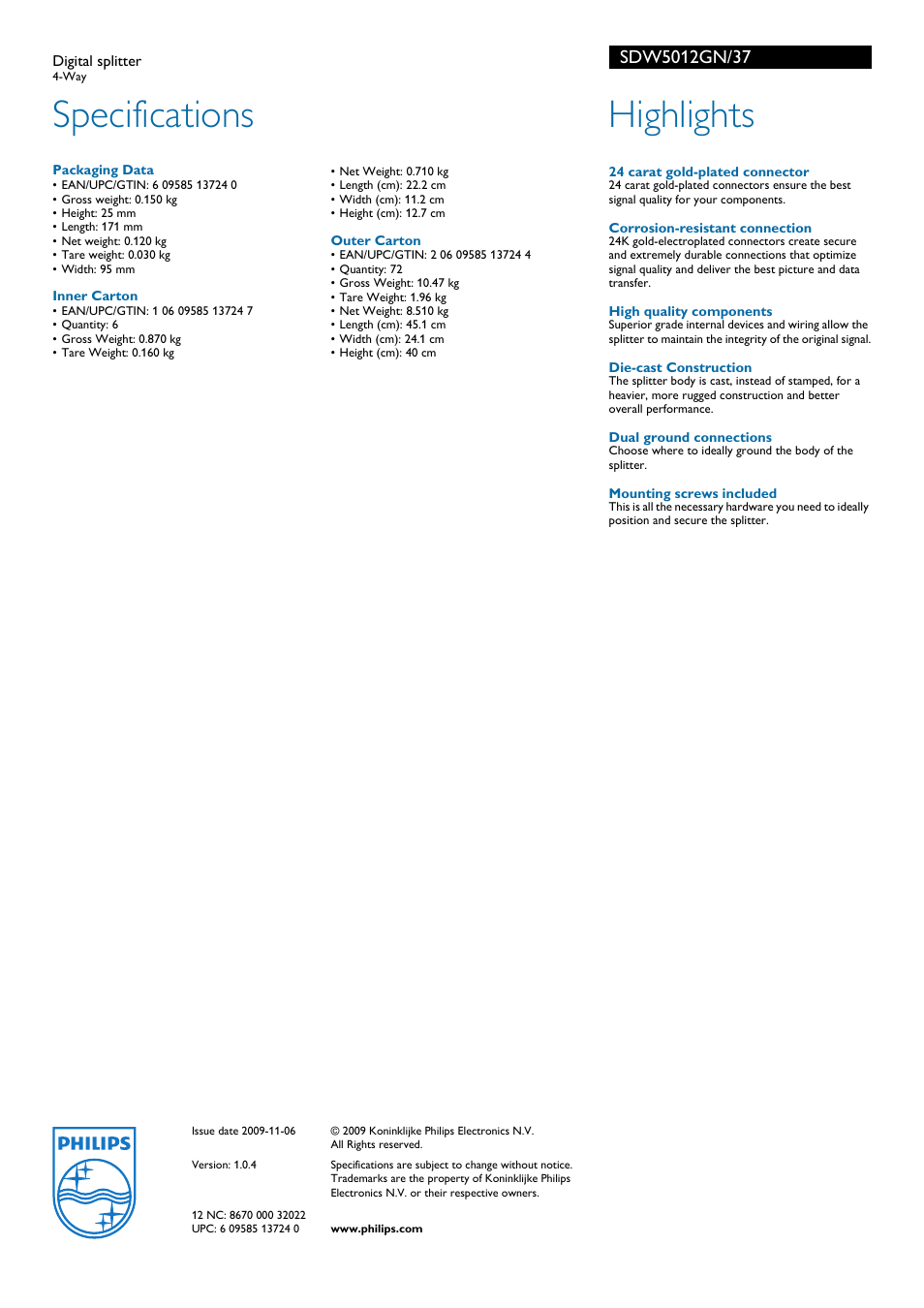 Specifications, Highlights | Philips SDW5012GN-37 User Manual | Page 2 / 2