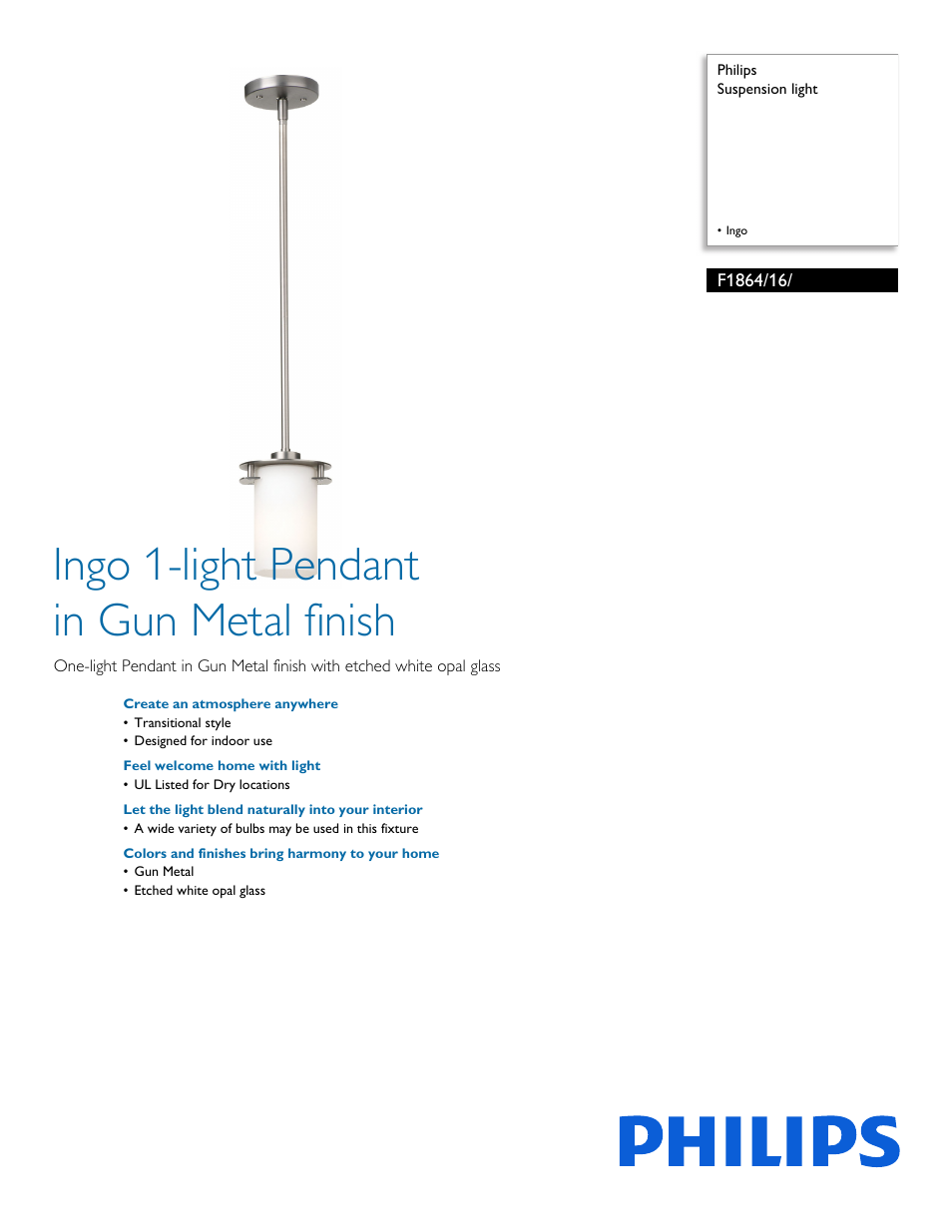 Philips Forecast Suspension light F1864-16- Ingo User Manual | 2 pages