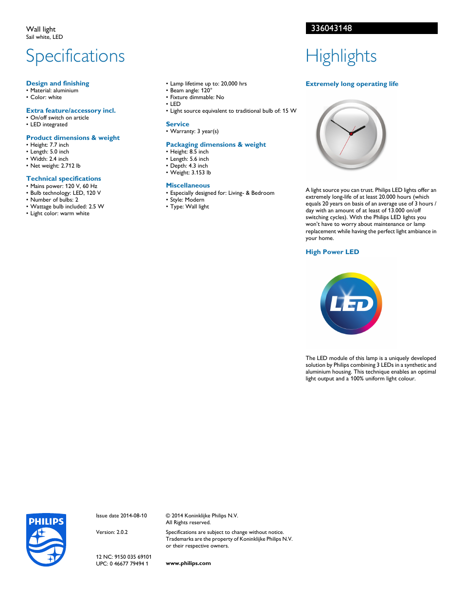 Specifications, Highlights | Philips 336043148 User Manual | Page 2 / 2
