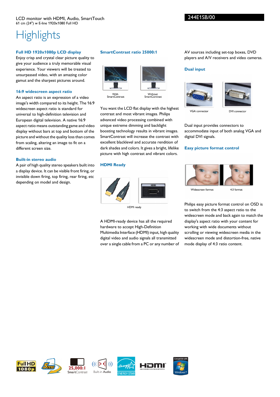 Highlights | Philips 244E1SB-00 User Manual | Page 2 / 3