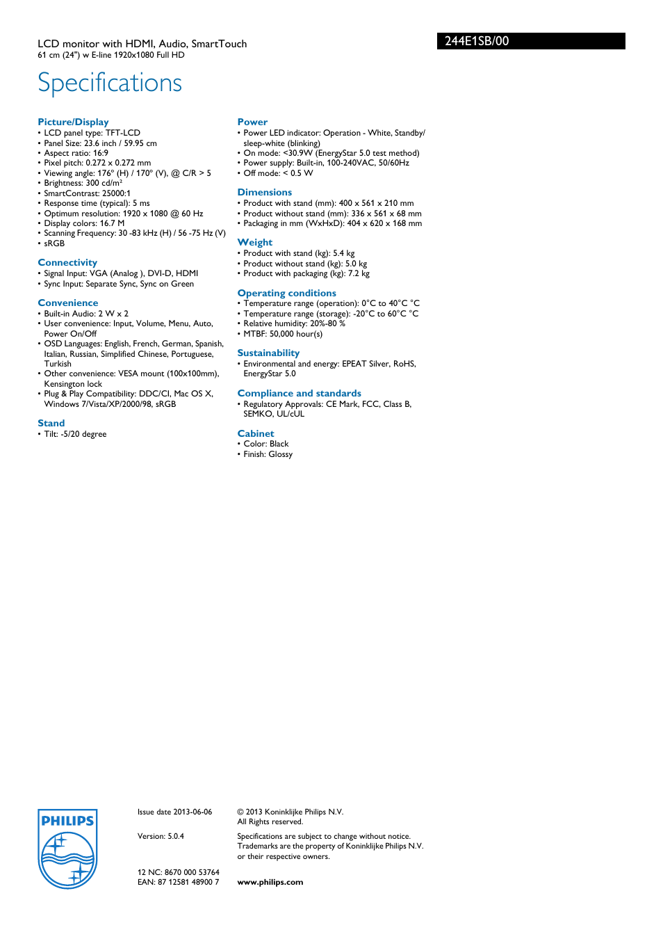 Specifications | Philips 244E1SB-00 User Manual | Page 3 / 3