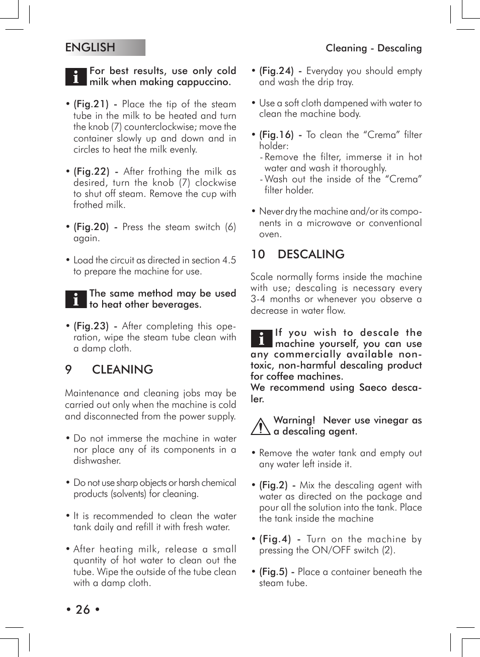 English • 26, 9 cleaning, 10 descaling | Philips 10000007 User Manual | Page 26 / 92