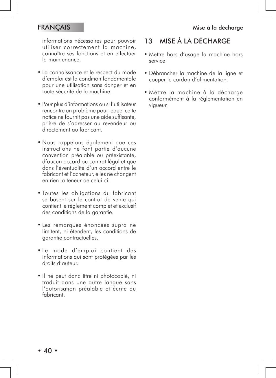 Français • 40, 13 mise à la décharge | Philips 10000007 User Manual | Page 40 / 92