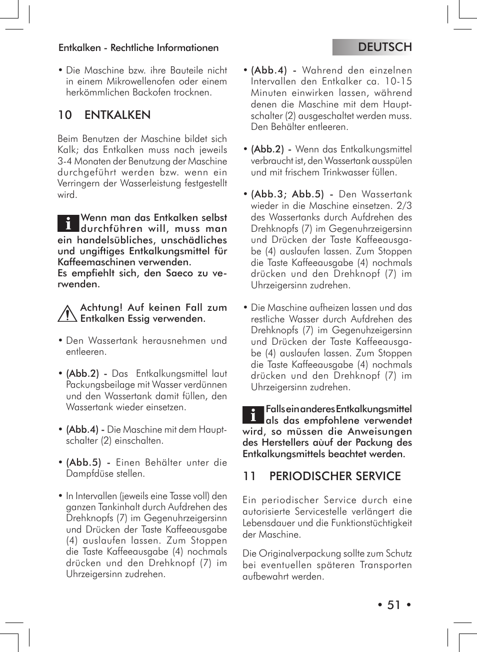 Deutsch • 51, 10 entkalken, 11 periodischer service | Philips 10000007 User Manual | Page 51 / 92