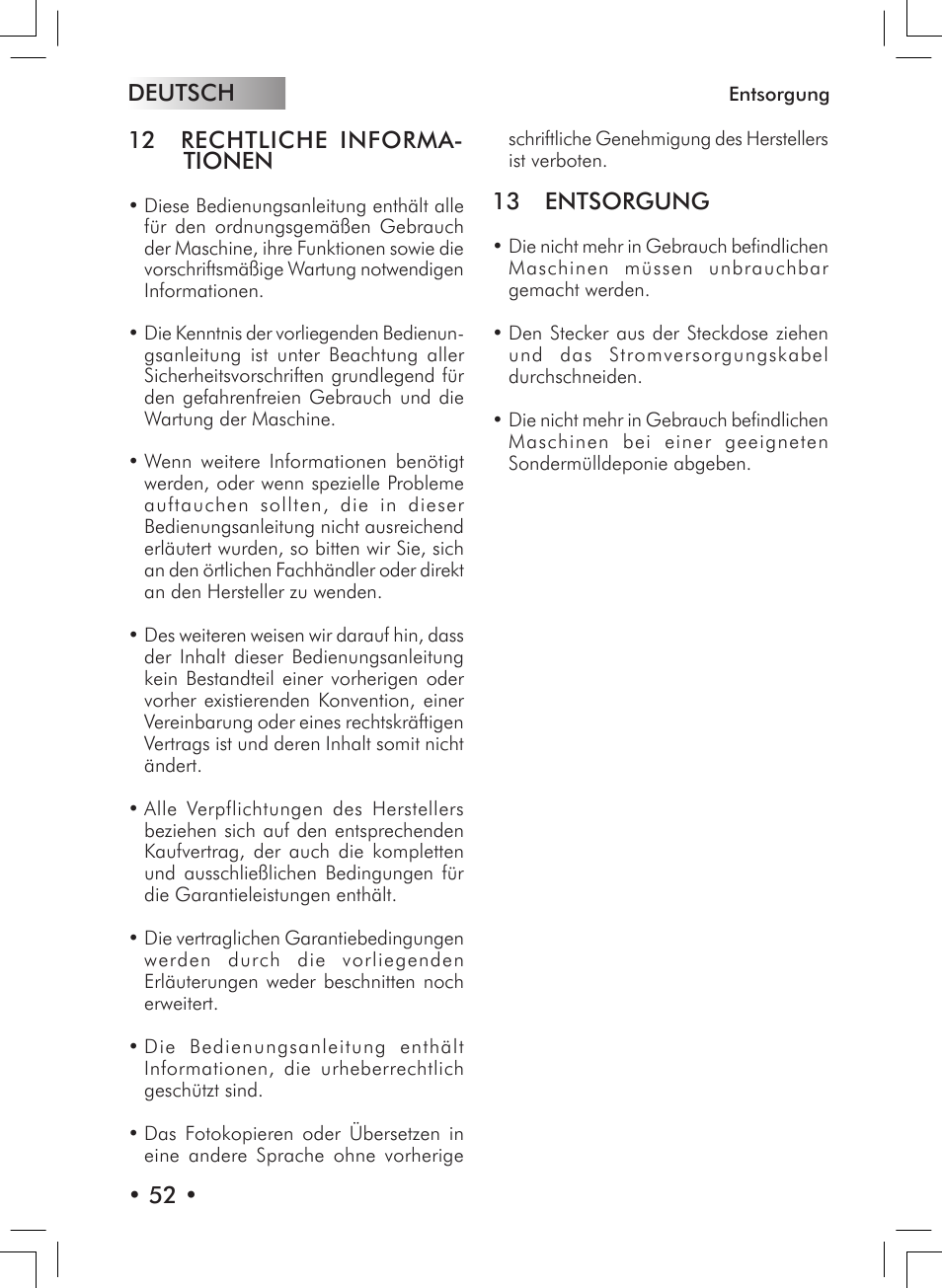 Deutsch • 52, 12 rechtliche informa- tionen, 13 entsorgung | Philips 10000007 User Manual | Page 52 / 92