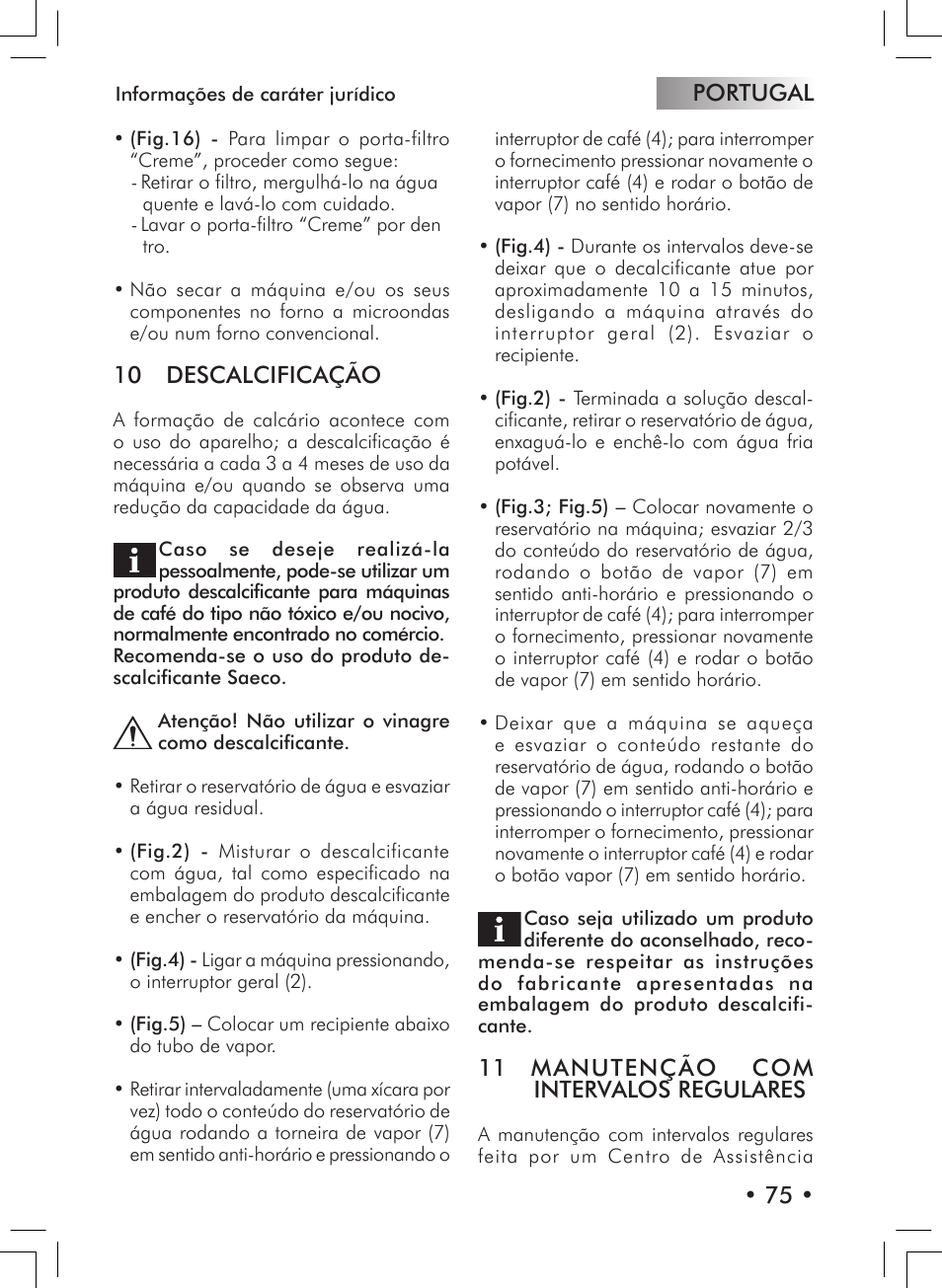 Portugal • 75, 10 descalcificação, 11 manutenção com intervalos regulares | Philips 10000007 User Manual | Page 75 / 92