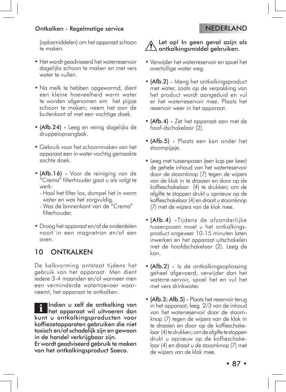 Nederland • 87, 10 ontkalken | Philips 10000007 User Manual | Page 87 / 92