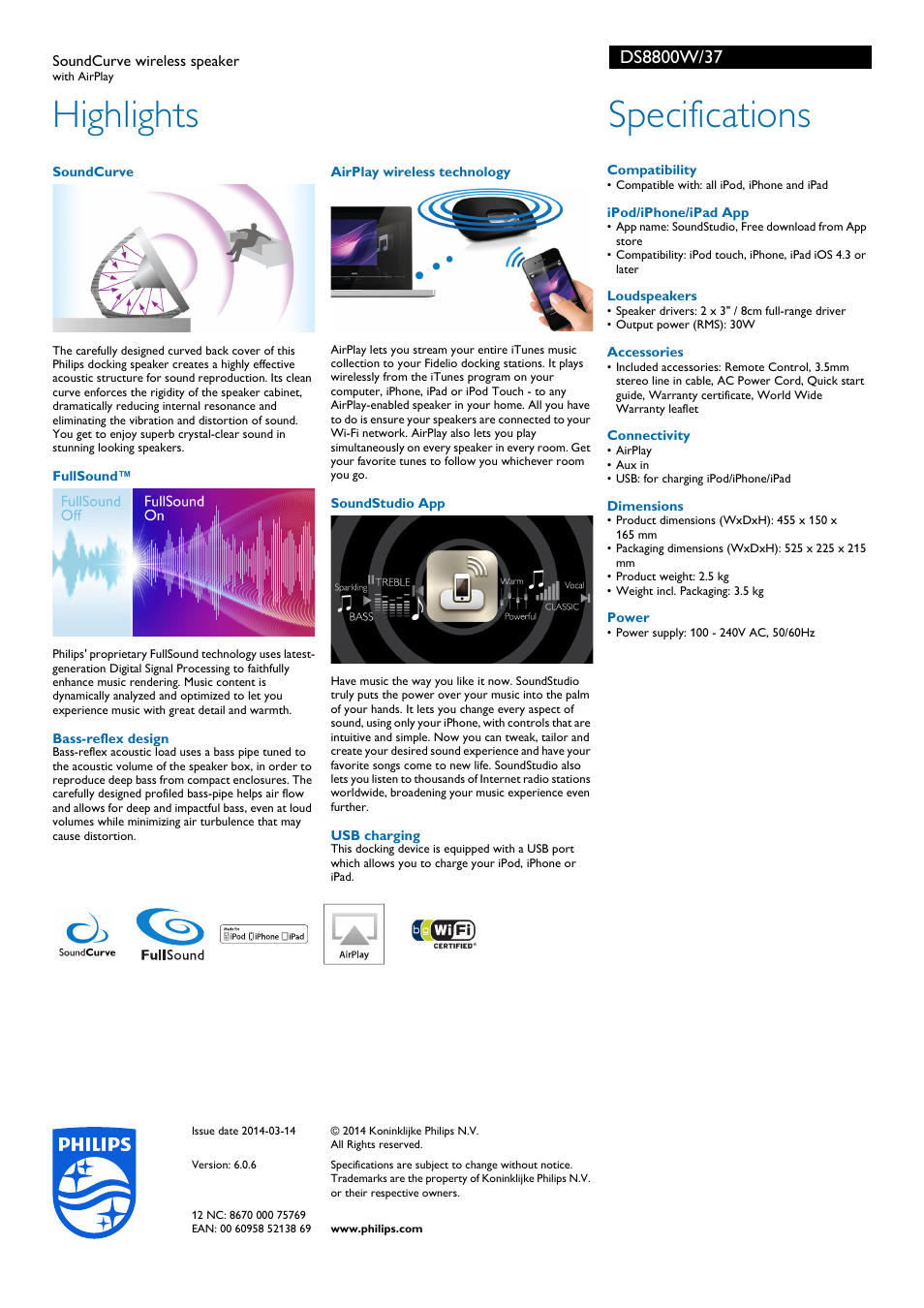 Highlights, Specifications | Philips DS8800W-37 User Manual | Page 2 / 2