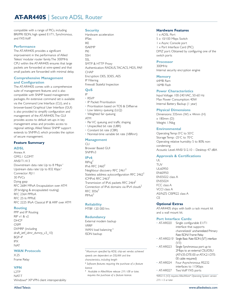 At-ar440s | secure adsl router | Allied Telesis AT-AR440S-10 User Manual | Page 2 / 5