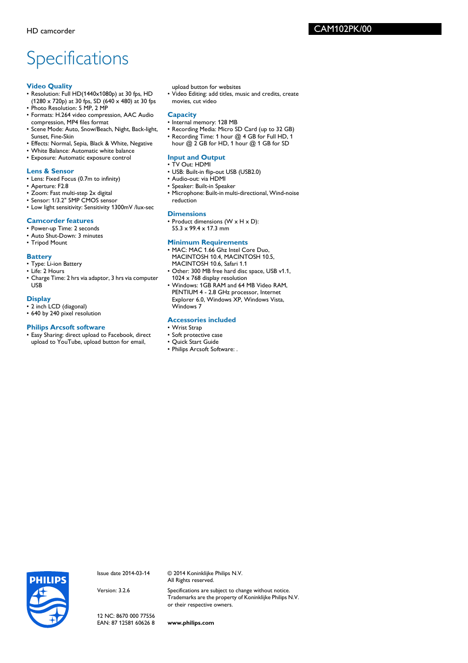 Specifications | Philips CAM102PK-00 User Manual | Page 3 / 3