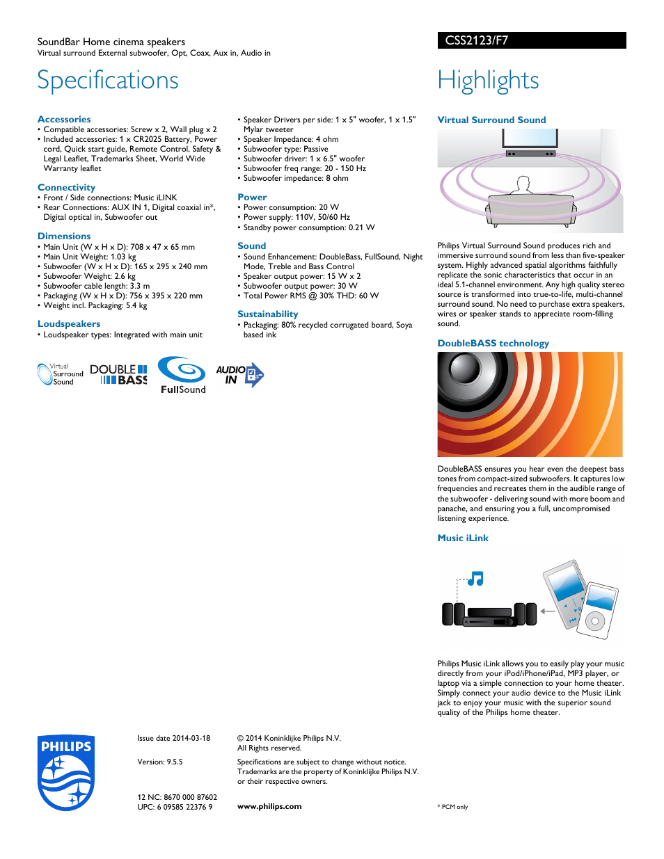 Specifications, Highlights | Philips CSS2123-F7 User Manual | Page 2 / 2