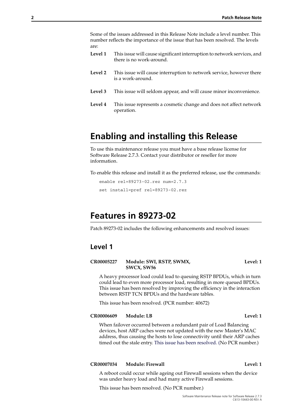 Enabling and installing this release, Features in 89273-02, Level 1 | Allied Telesis Series User Manual | Page 2 / 7
