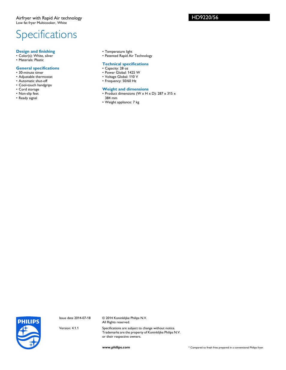 Specifications | Philips HD9220-56 User Manual | Page 3 / 3