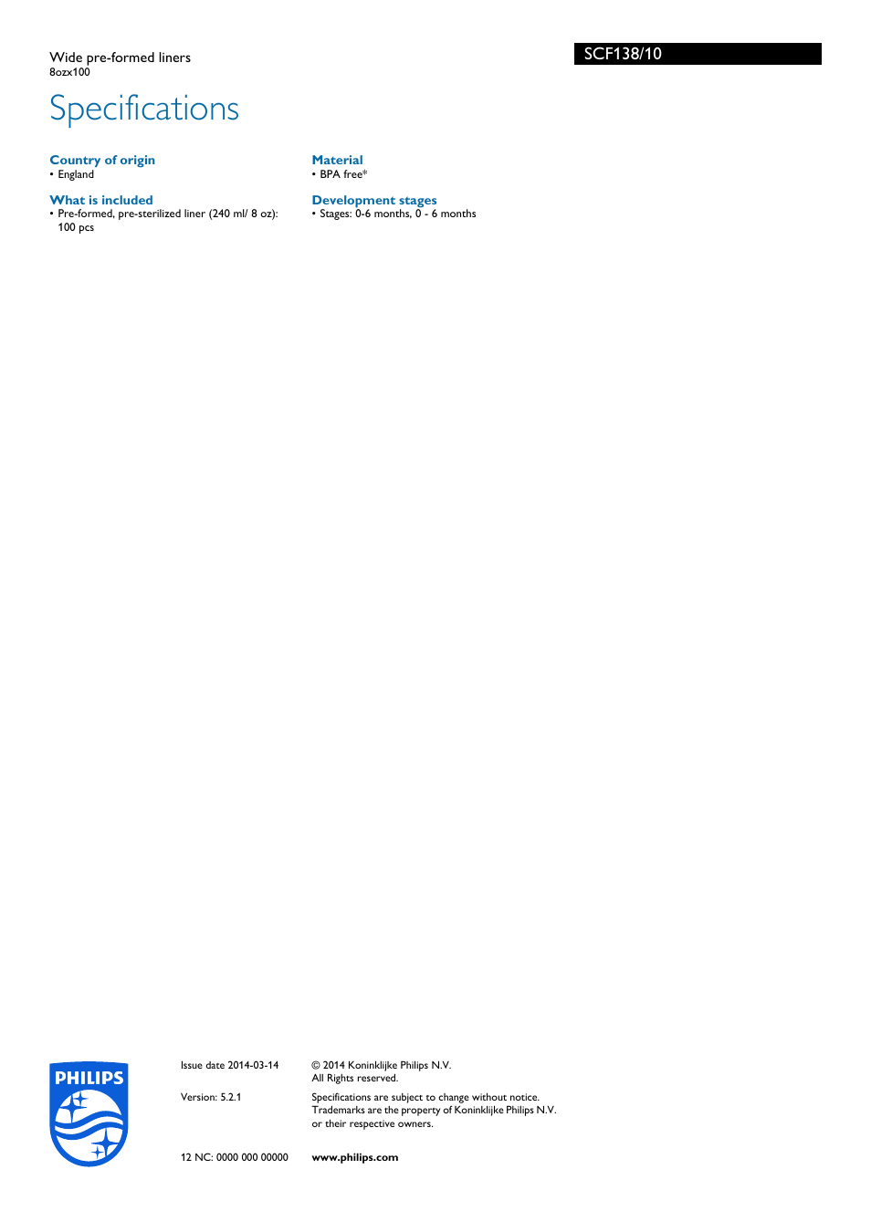 Specifications | Philips SCF138-10 User Manual | Page 2 / 2