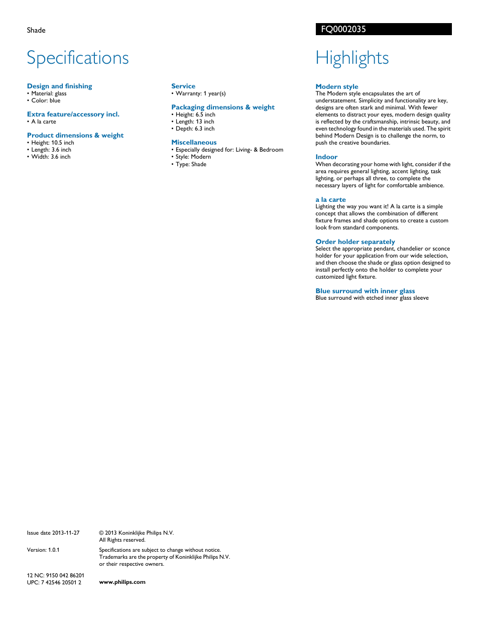 Specifications, Highlights | Philips FQ0002035 User Manual | Page 2 / 2