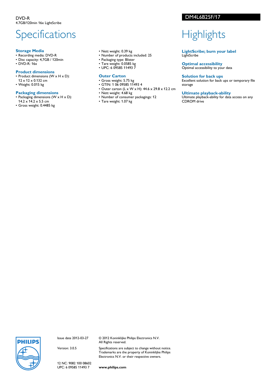 Specifications, Highlights | Philips DM4L6B25F-17 User Manual | Page 2 / 2