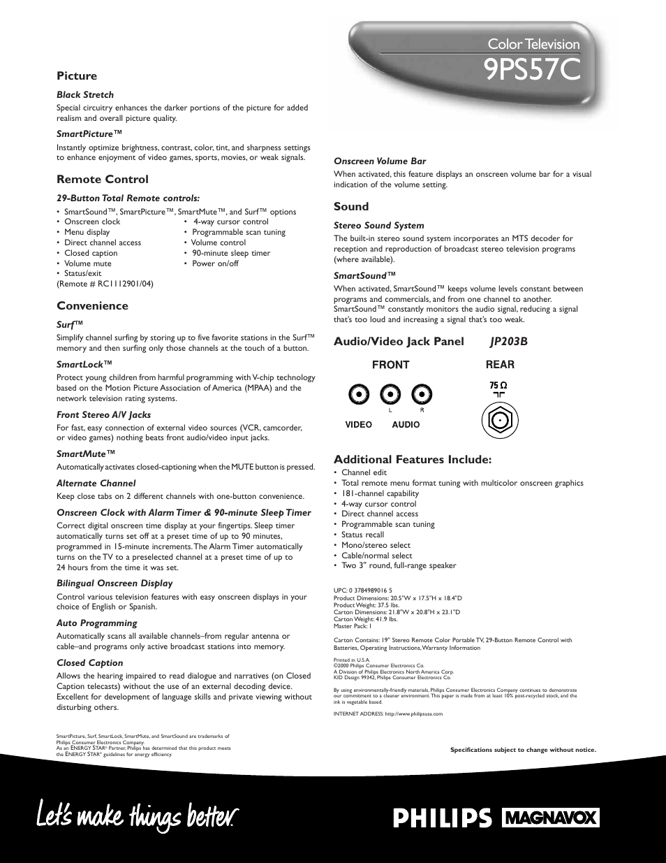 19ps57c, Color television, Sound | Picture, Remote control, Convenience | Philips 19PS57C User Manual | Page 2 / 2