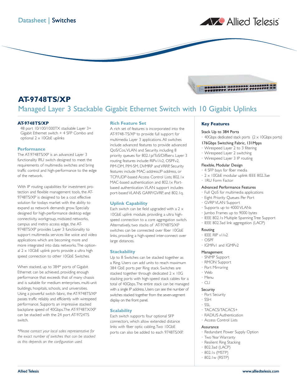 Allied Telesis AT 9748TS/XP AT-9748TS/XP-20 User Manual | 3 pages