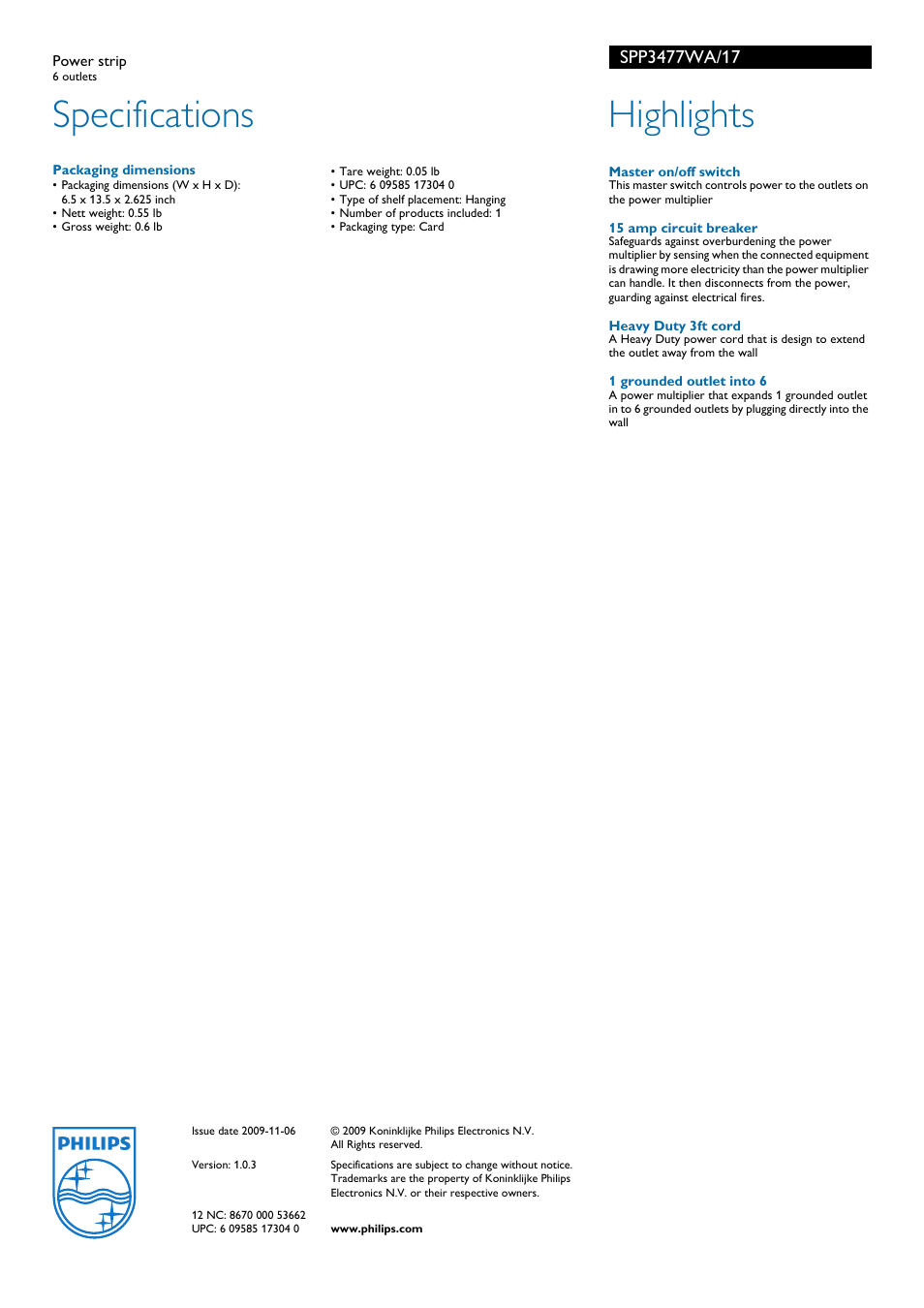 Specifications, Highlights | Philips SPP3477WA-17 User Manual | Page 2 / 2