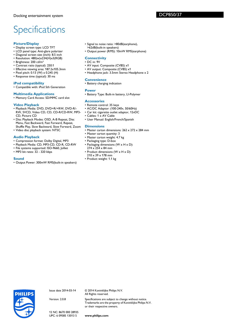 Specifications | Philips DCP850-37B User Manual | Page 3 / 3