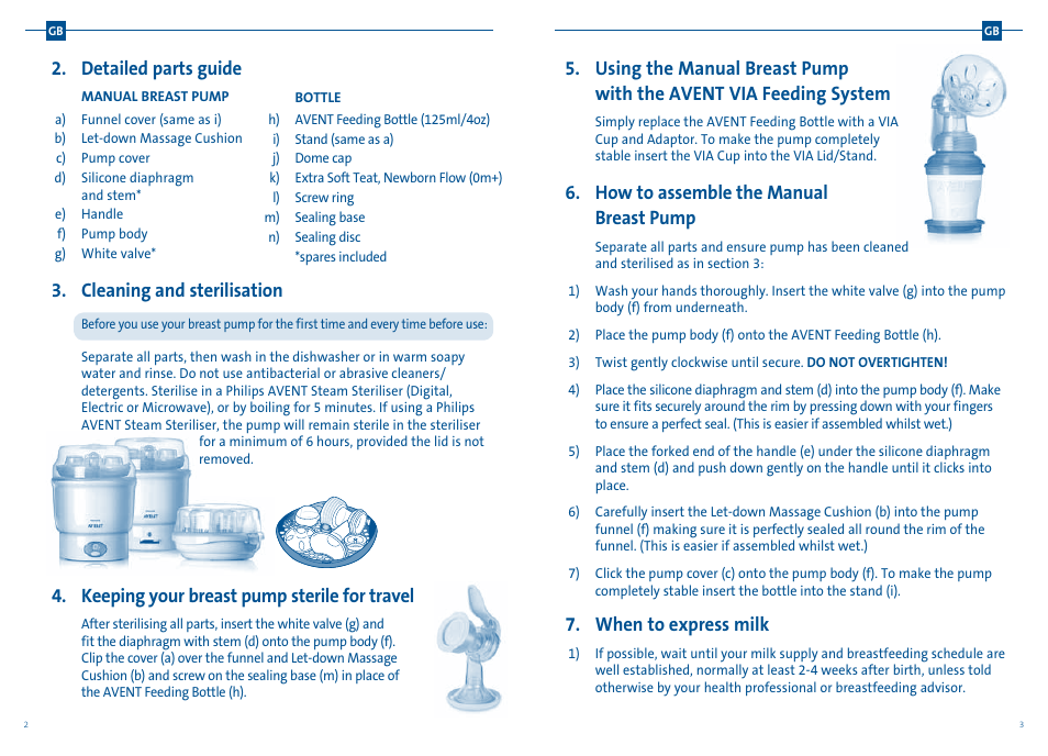 Detailed parts guide, Cleaning and sterilisation, Keeping your breast pump sterile for travel | How to assemble the manual breast pump, When to express milk | Philips SCD241-01 User Manual | Page 4 / 25