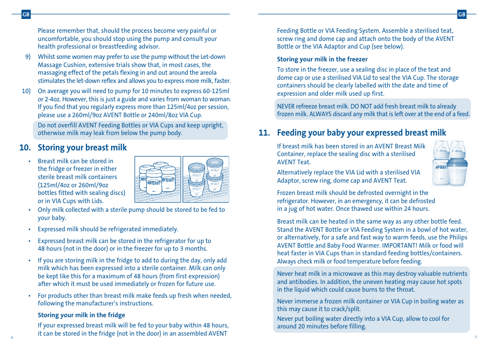 Storing your breast milk, Feeding your baby your expressed breast milk | Philips SCD241-01 User Manual | Page 6 / 25