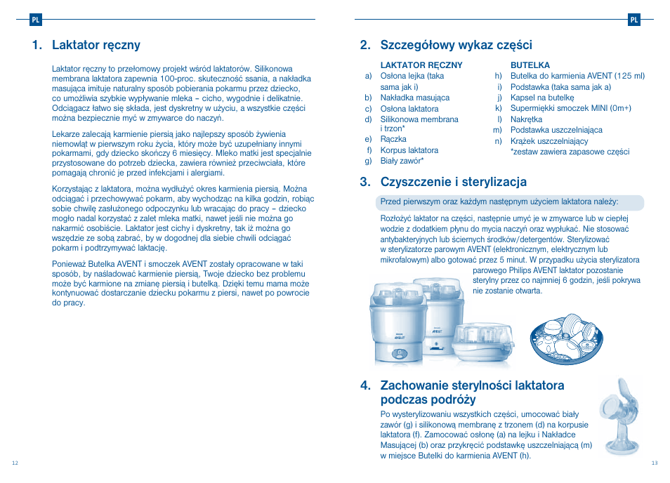 Laktator ręczny, Szczegółowy wykaz części, Czyszczenie i sterylizacja | Zachowanie sterylności laktatora podczas podróży | Philips SCD241-01 User Manual | Page 9 / 25