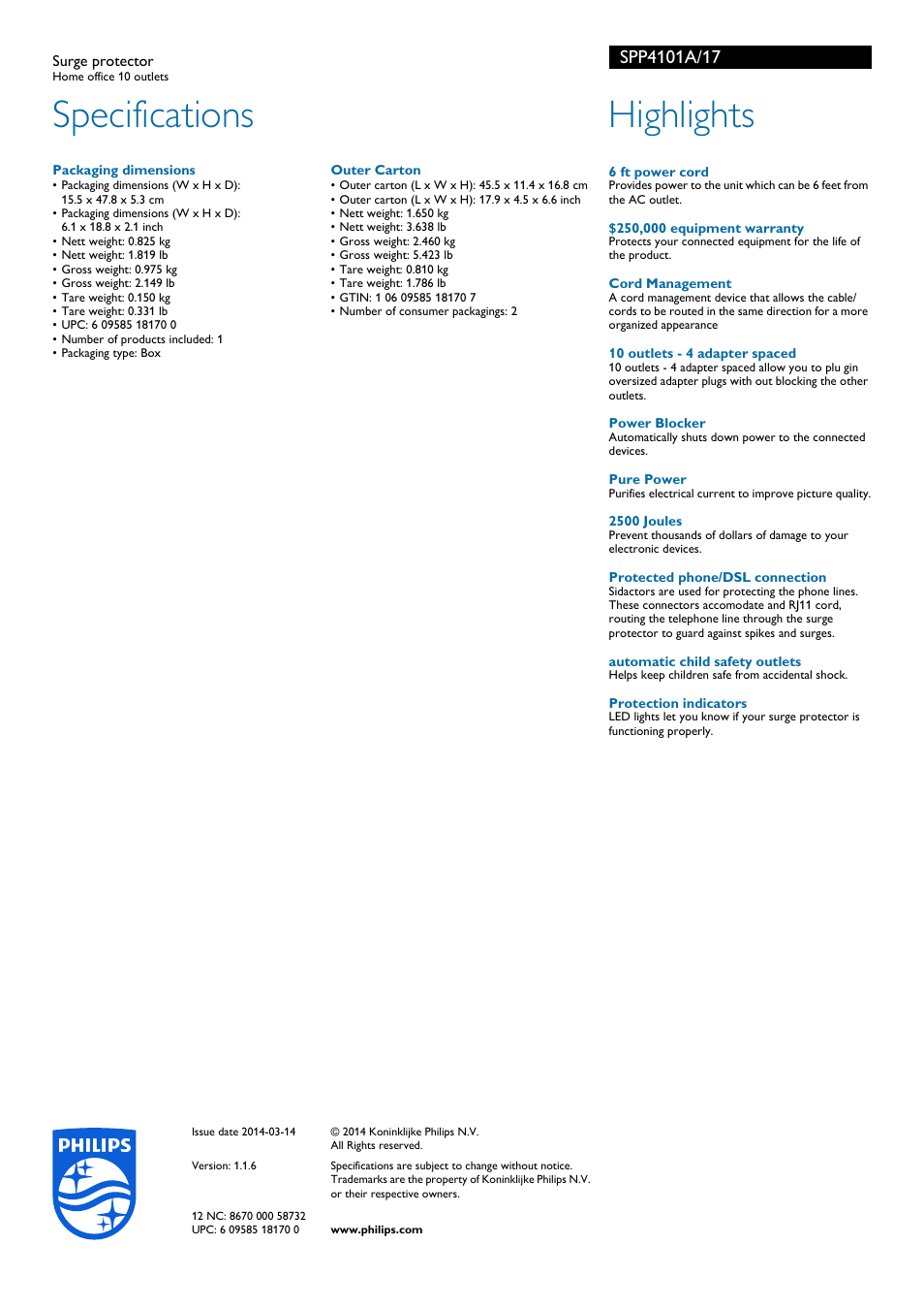 Specifications, Highlights | Philips SPP4101A-17 User Manual | Page 2 / 2