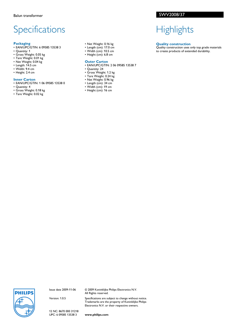 Specifications, Highlights | Philips SWV2008-37 User Manual | Page 2 / 2