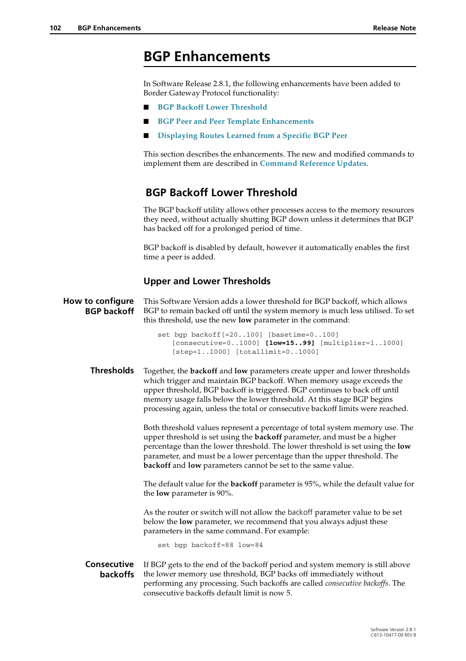 Bgp enhancements, Bgp backoff lower threshold, Upper and lower thresholds | Allied Telesis RAPIER I User Manual | Page 102 / 232