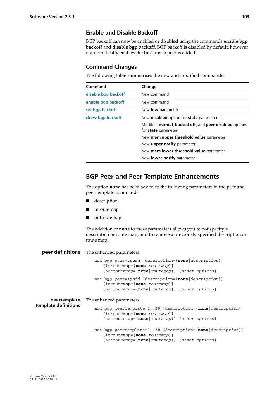 Bgp peer and peer template enhancements, Enable and disable backoff, Command changes | Allied Telesis RAPIER I User Manual | Page 103 / 232