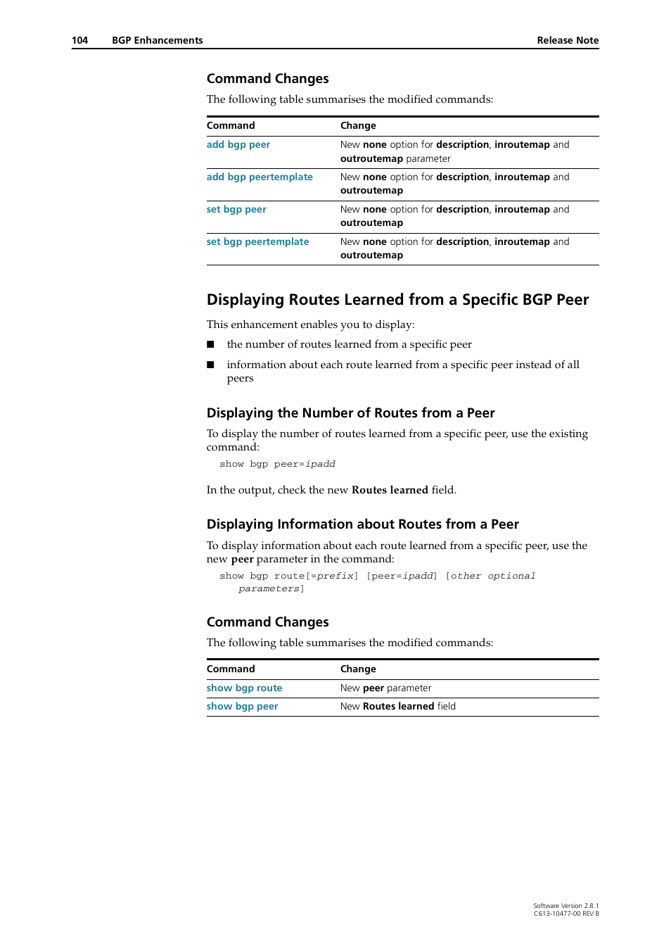 Displaying routes learned from a specific bgp peer, Command changes, Displaying the number of routes from a peer | Displaying information about routes from a peer | Allied Telesis RAPIER I User Manual | Page 104 / 232