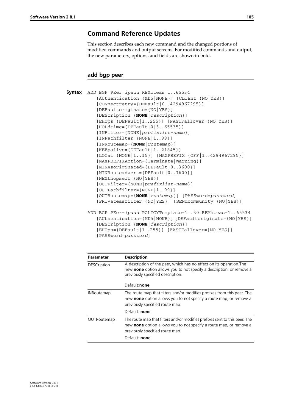 Command reference updates, Add bgp peer | Allied Telesis RAPIER I User Manual | Page 105 / 232