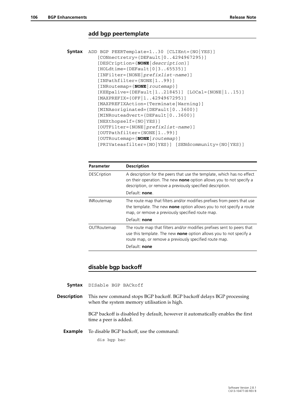 Add bgp peertemplate, Disable bgp backoff | Allied Telesis RAPIER I User Manual | Page 106 / 232