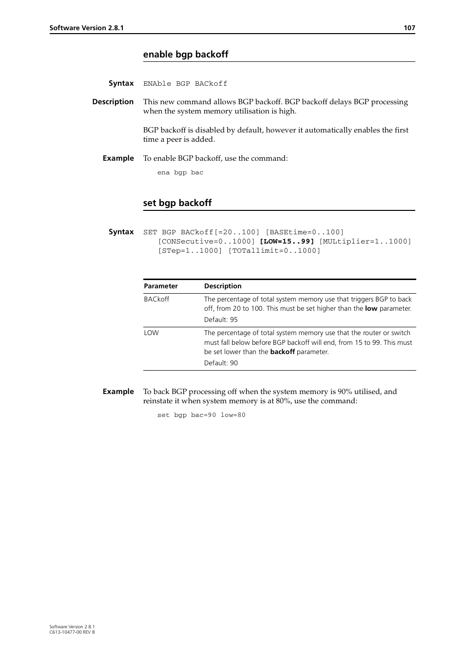 Enable bgp backoff, Set bgp backoff | Allied Telesis RAPIER I User Manual | Page 107 / 232