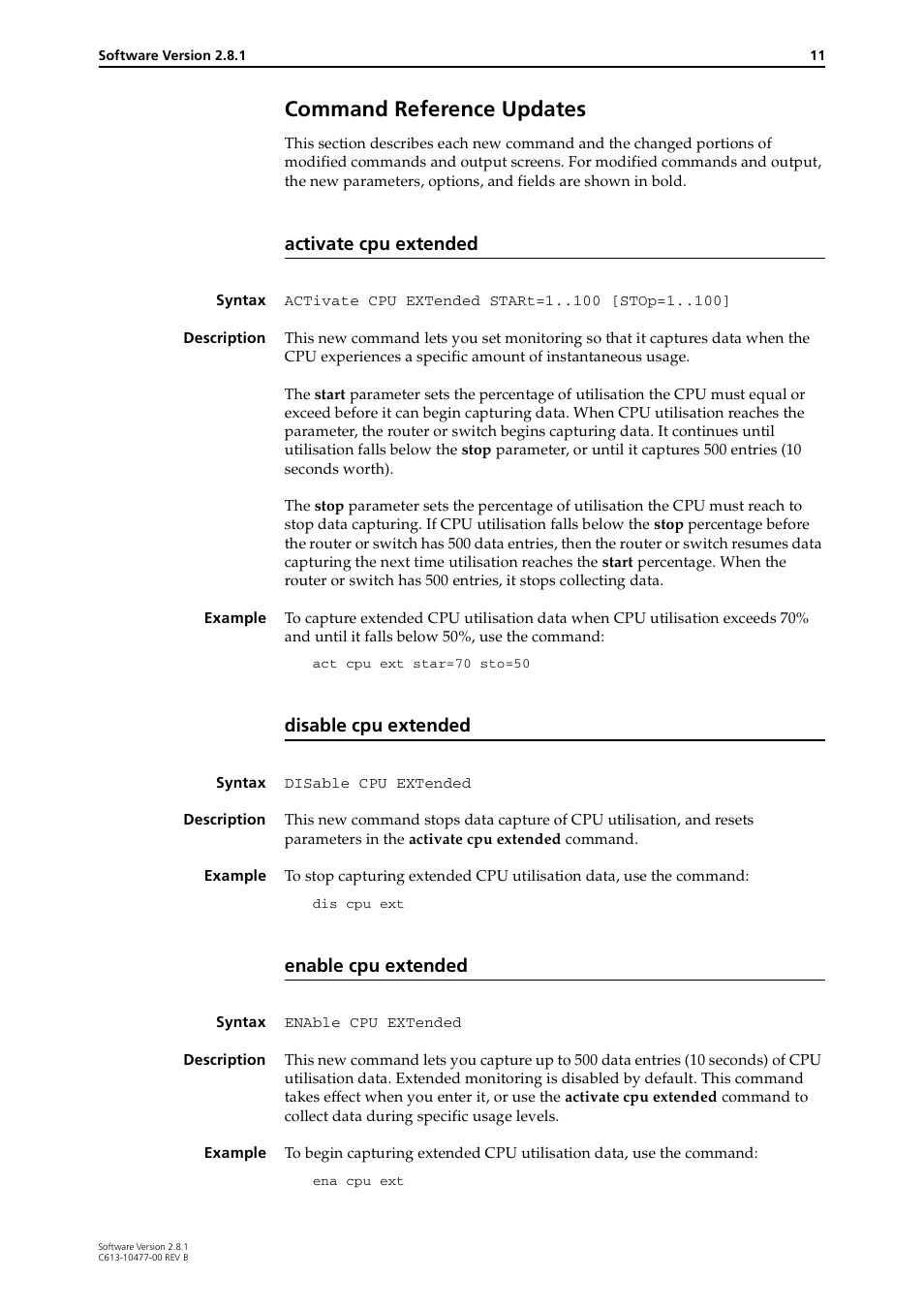 Command reference updates, Activate cpu extended, Disable cpu extended | Enable cpu extended | Allied Telesis RAPIER I User Manual | Page 11 / 232