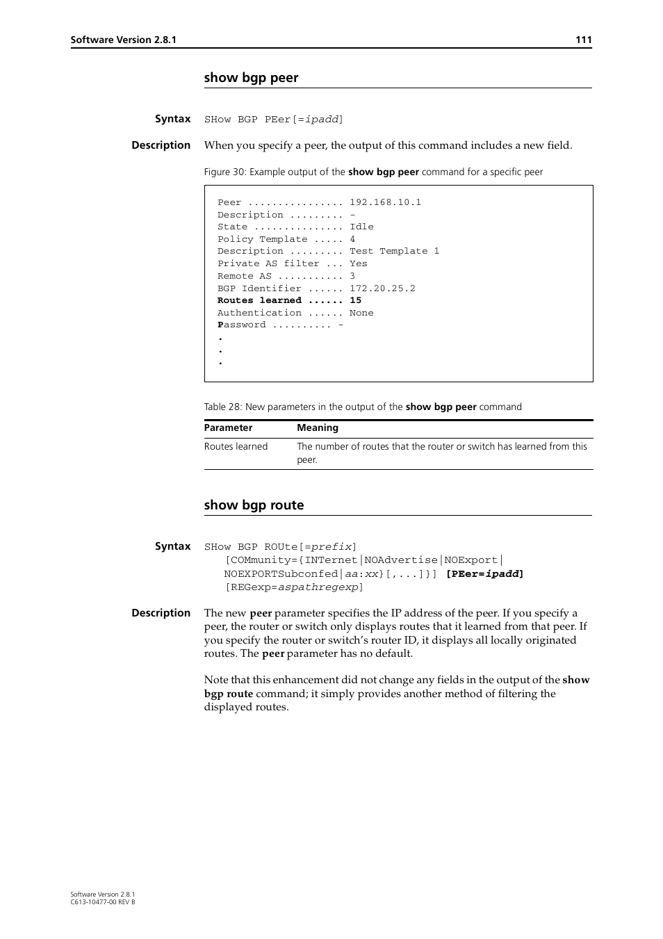 Show bgp peer, Show bgp route | Allied Telesis RAPIER I User Manual | Page 111 / 232