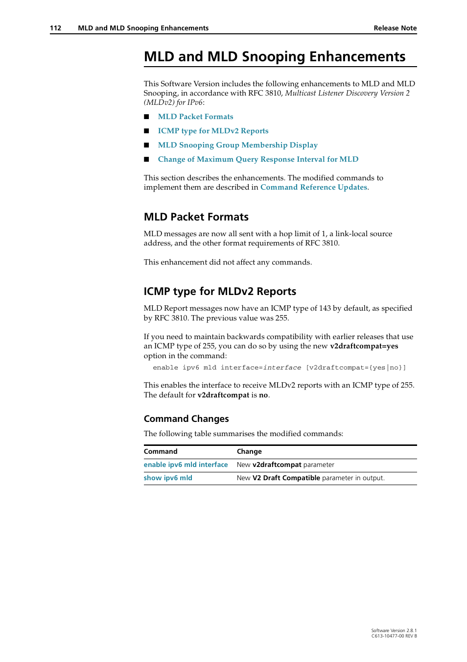 Mld and mld snooping enhancements, Mld packet formats, Icmp type for mldv2 reports | Mld packet formats icmp type for mldv2 reports, Command changes | Allied Telesis RAPIER I User Manual | Page 112 / 232